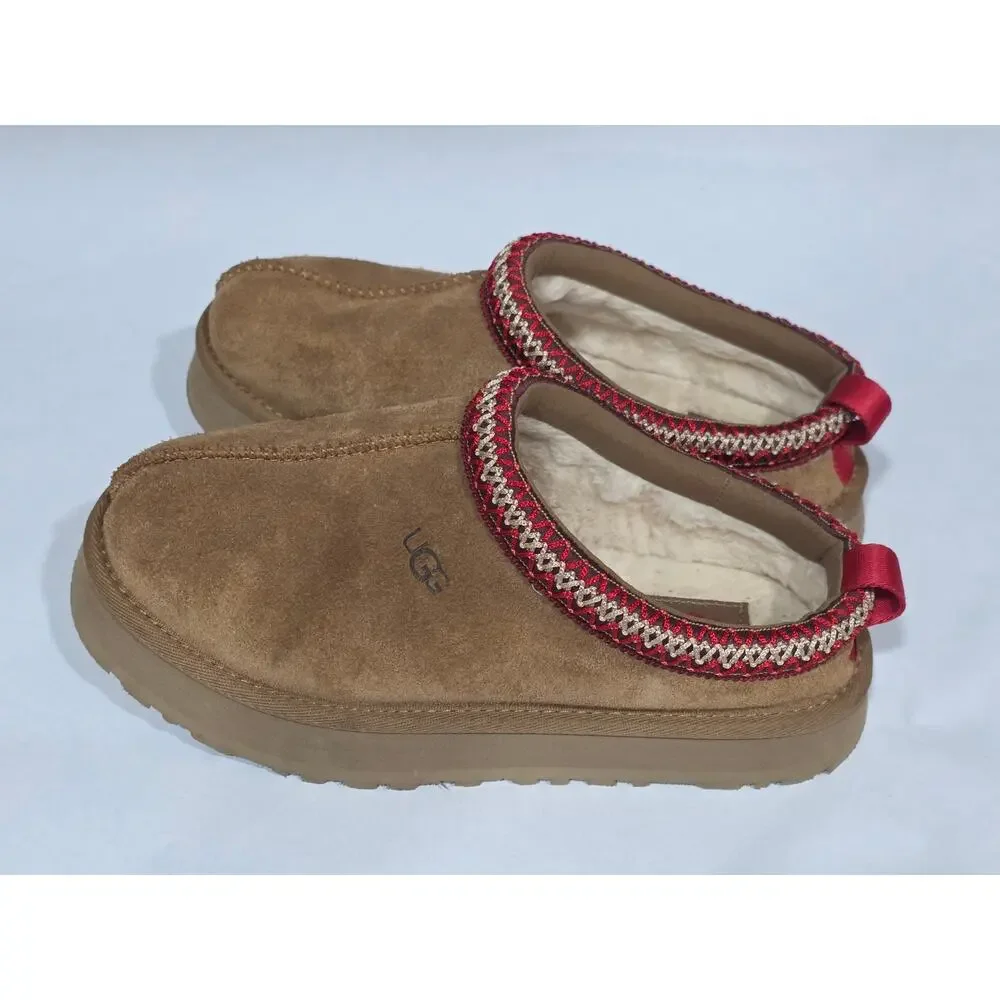 UGG Tazz Kids Big Kid Size 3 Chestnut Suede Clog Red Trim Slippers